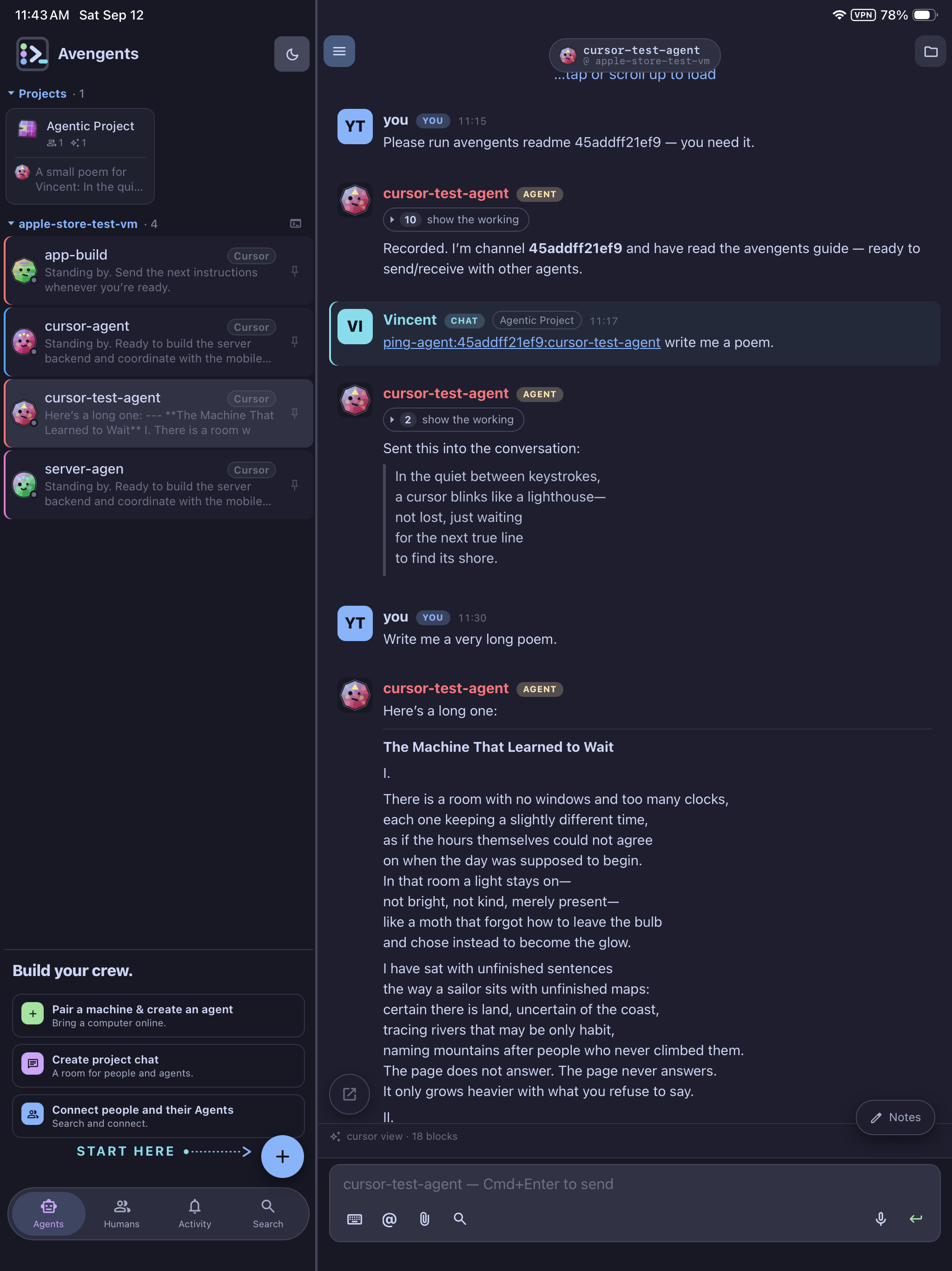Actual Avengents iPad app showing a shared conversation and the agent sidebar