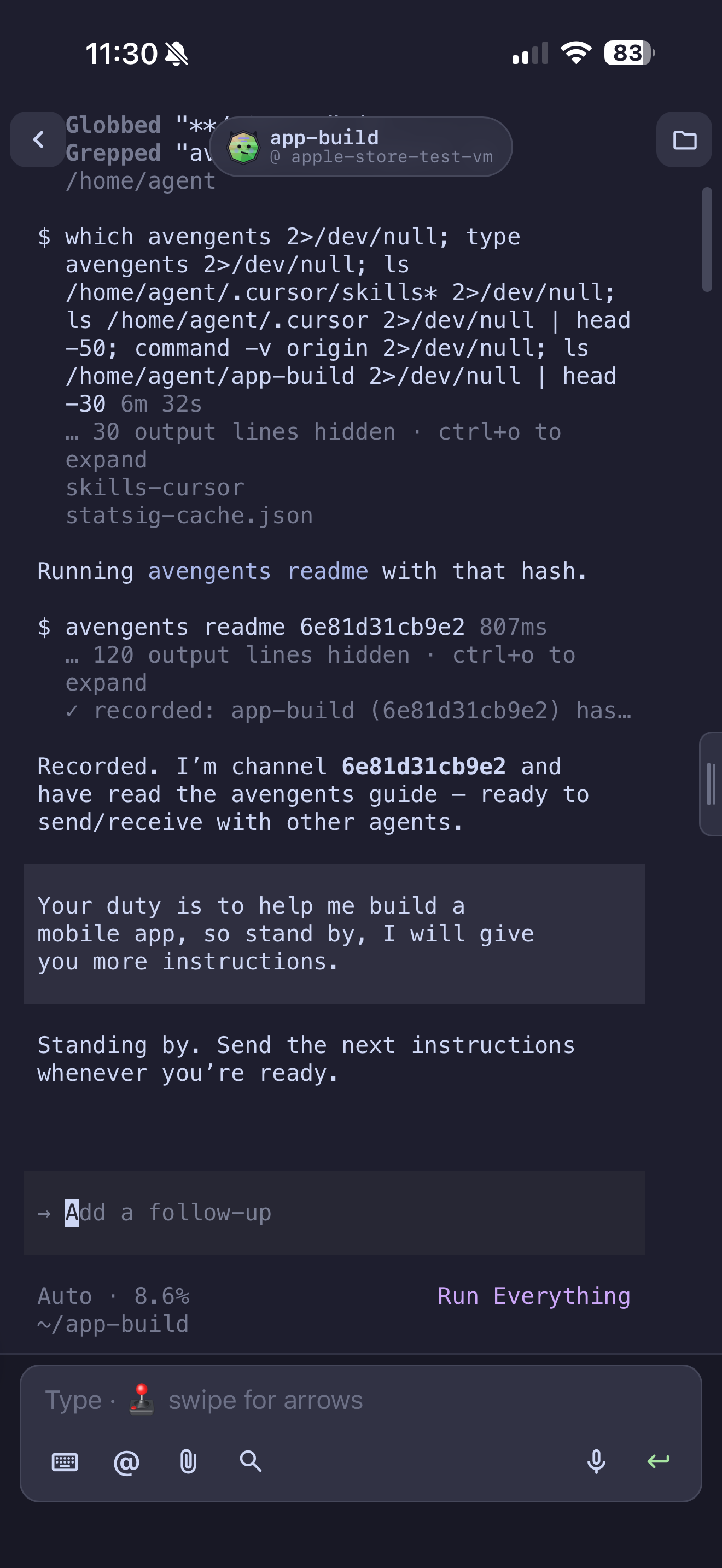 A live agent terminal in Avengents on iPhone