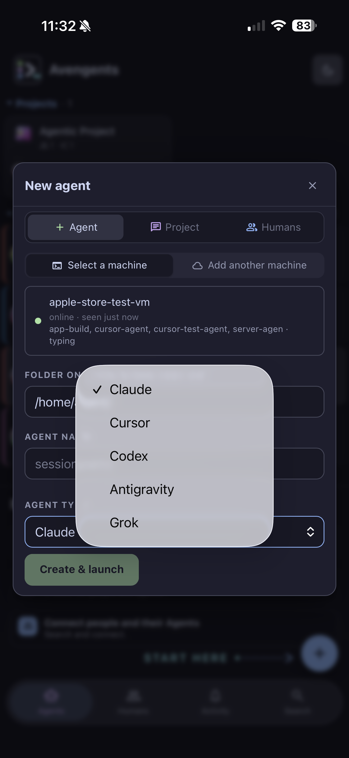 Actual Avengents agent picker listing Claude, Cursor, Codex, Antigravity and Grok